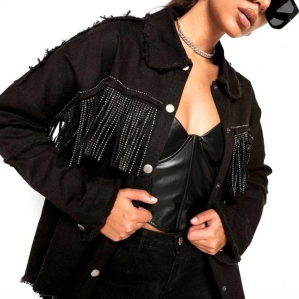 Zara Black Fringed Bead-Trim Jacket